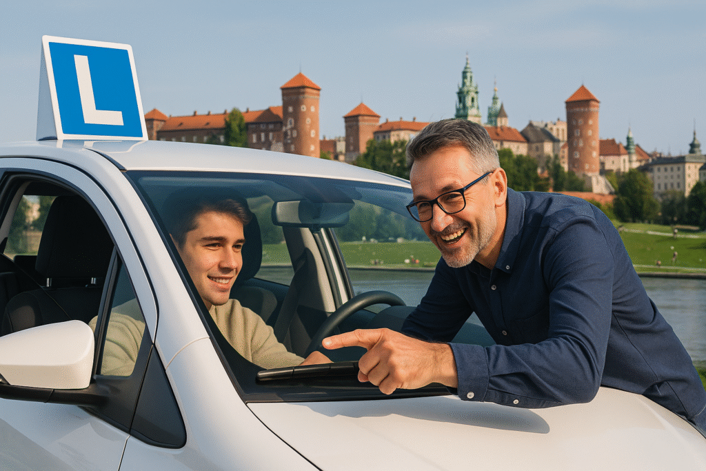 Kursant i instruktor w aucie nauki jazdy Let's Go na tle Krakowa