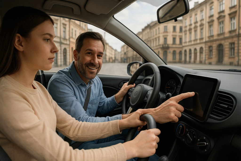 Instruktor jazdy pokazujący kursantce trasę na tablecie we wnętrzu samochodu szkoleniowego