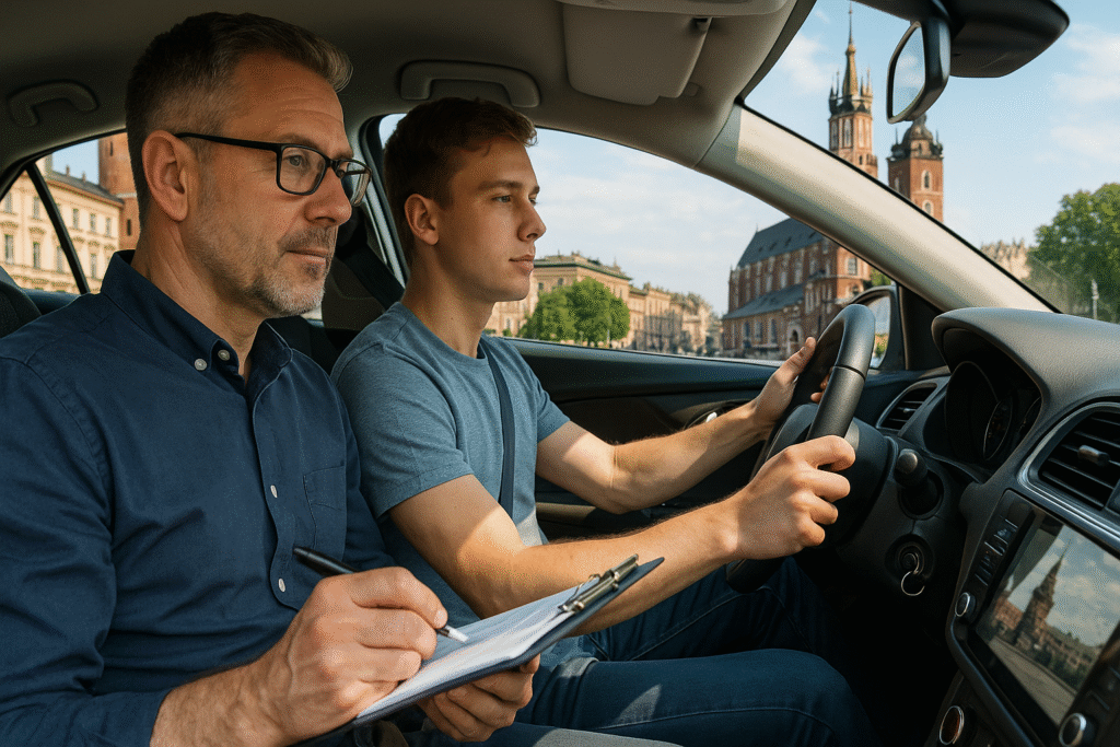 Instruktor jazdy i kursant w aucie podczas lekcji w centrum Krakowa