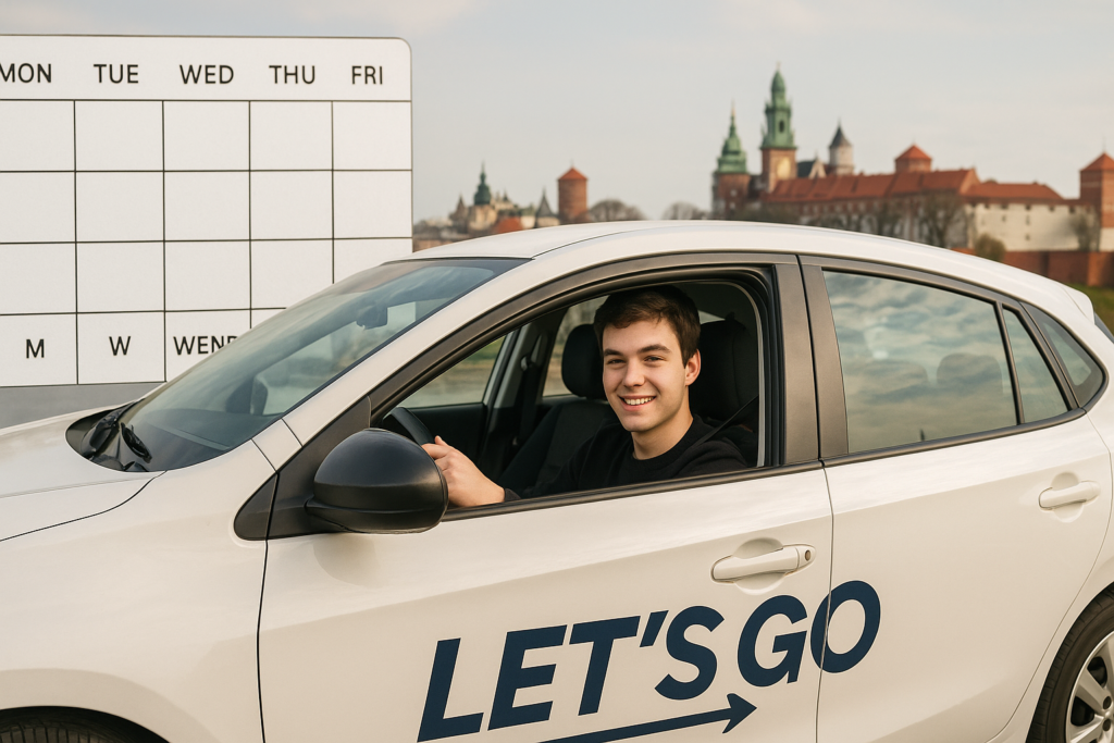 Kursant Let’s Go prowadzący auto szkoleniowe na tle kalendarza weekend vs tydzień