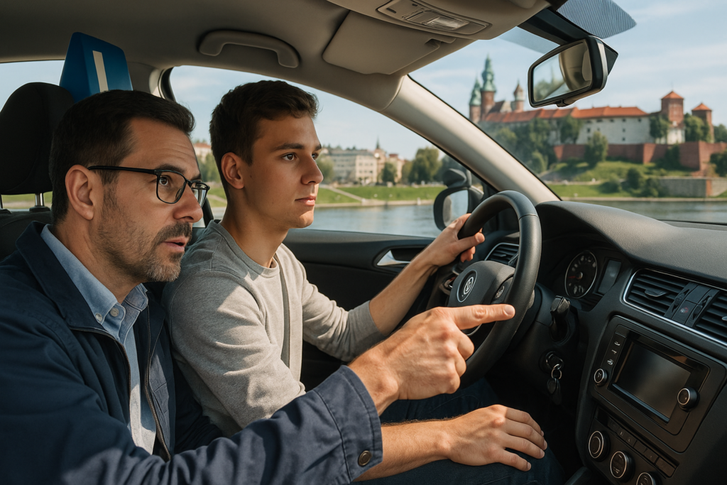 Instruktor i kursant podczas jazdy szkoleniowej ulicami Krakowa
