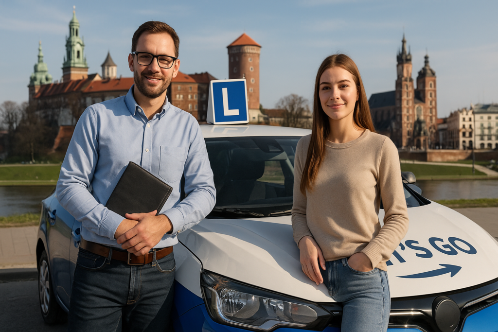 Instruktor szkoły Let’s Go i kursant przed samochodem nauki jazdy w Krakowie