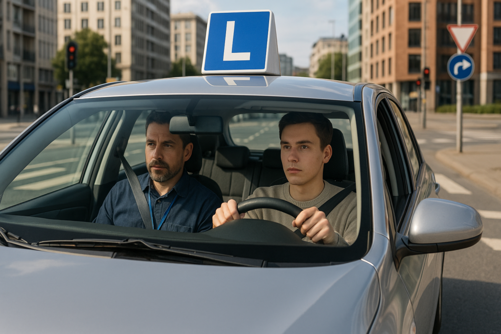 Kursant i instruktor podczas nauki jazdy samochodem w ruchu miejskim